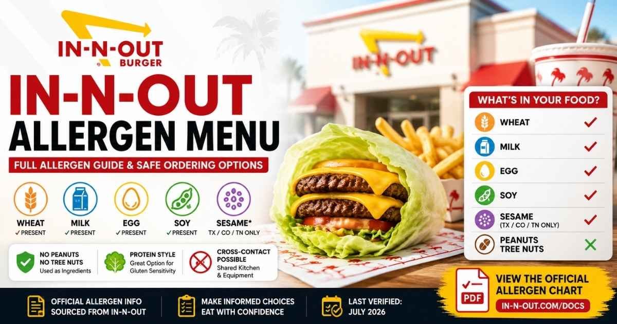 In-N-Out allergen menu showing wheat, milk, egg, soy, and sesame allergens with safe ordering options, Protein Style burger, fries, and allergy guide for 2026.