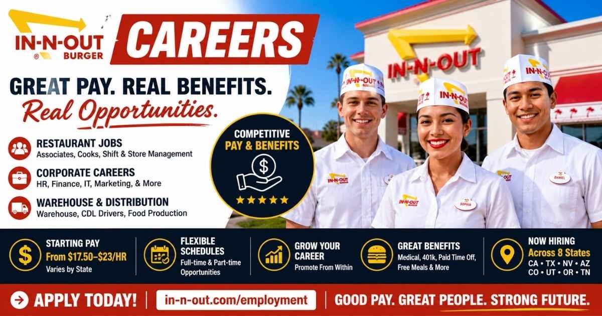 In-N-Out Burger careers guide showing restaurant, corporate, warehouse, and driver job opportunities with hiring information, pay, and careers login for 2026.