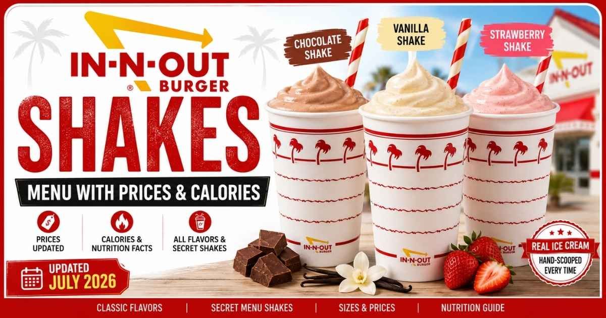 In-N-Out shakes menu featuring chocolate, vanilla, and strawberry milkshakes with prices, calories, nutrition facts, and 2026 update information.