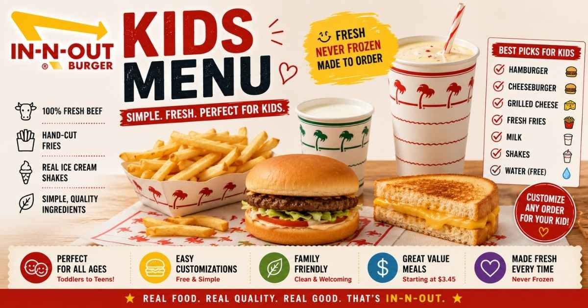 In-N-Out Kids Menu 2026 with kid-friendly burgers, fries, milk, shakes, prices, and calories