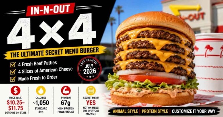 In-N-Out 4×4 secret menu burger with four beef patties, four slices of American cheese, price, calories, and nutrition information for 2026.