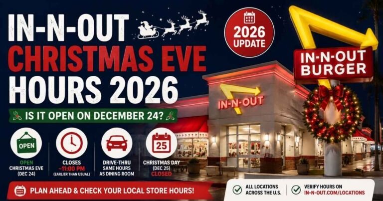 In-N-Out Christmas Eve hours 2026 showing holiday opening and closing times, including early closing at 11:00 PM and Christmas Day closure.