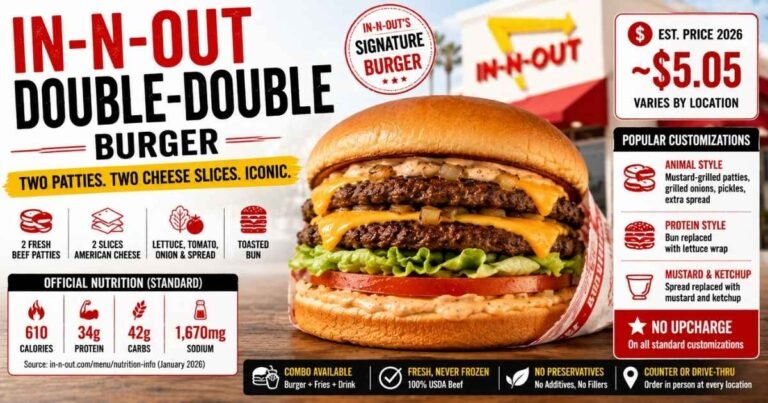 In N Out Double Double Burger with two beef patties, two cheese slices, lettuce, tomato, onion, and spread, showing price and nutrition details