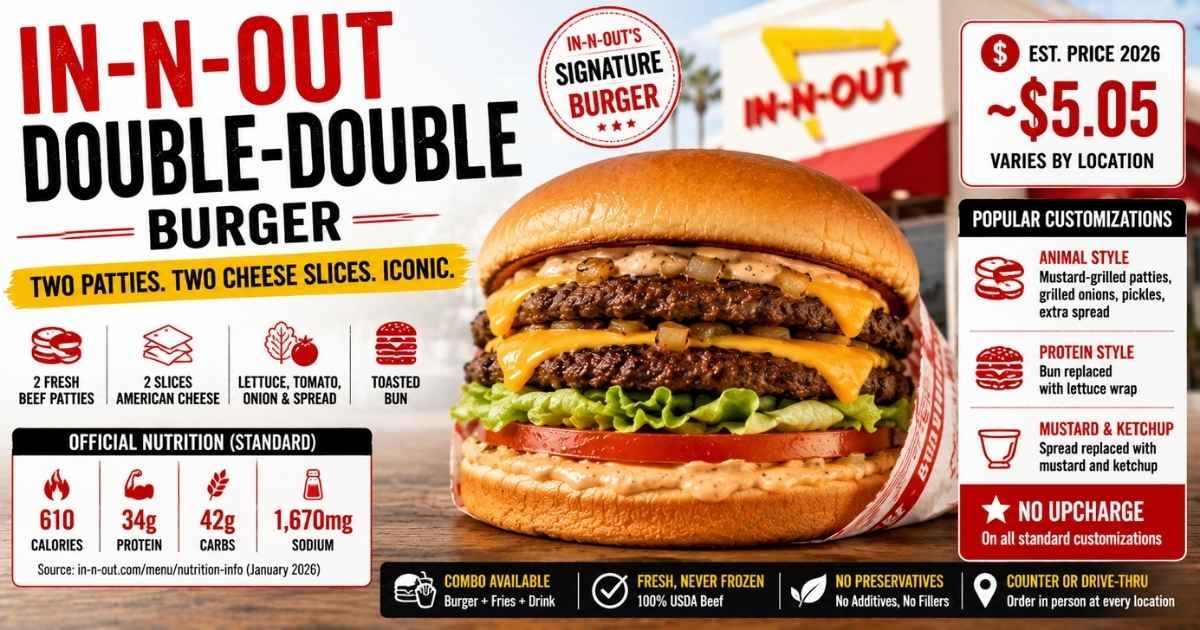 In N Out Double Double Burger with two beef patties, two cheese slices, lettuce, tomato, onion, and spread, showing price and nutrition details
