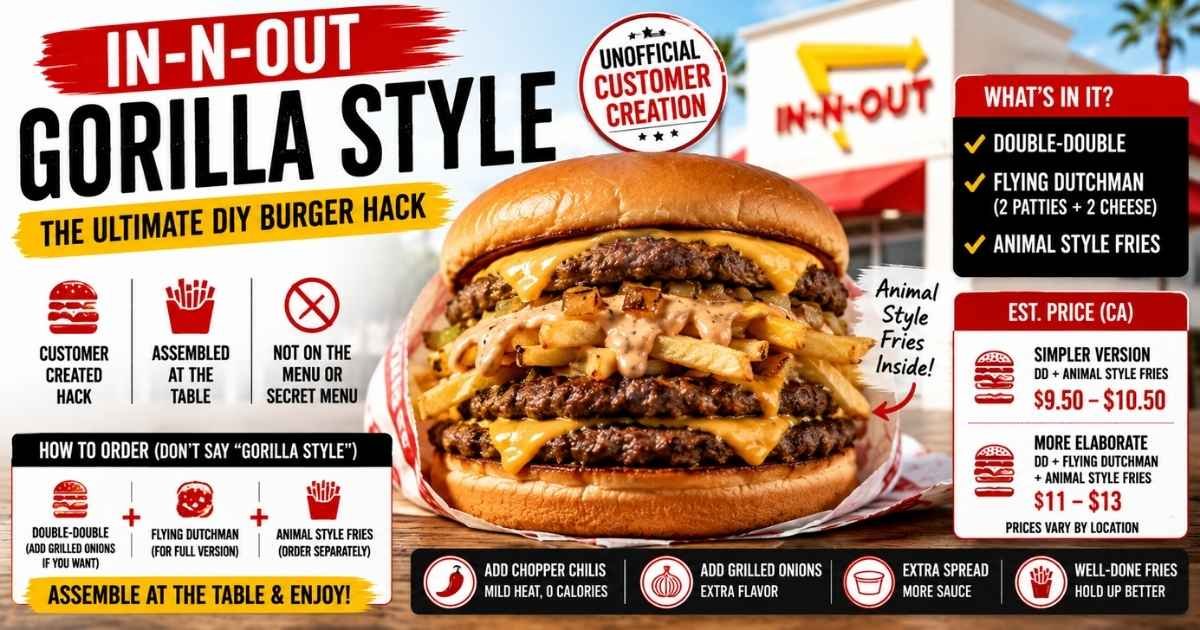 In-N-Out Gorilla Style burger with Double-Double, Flying Dutchman, and Animal Style fries