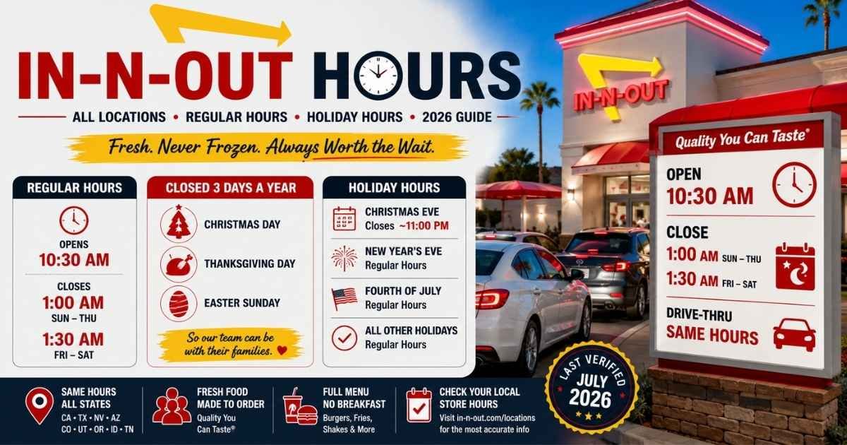 In-N-Out Hours 2026 guide showing opening hours, closing times, holiday schedule, and drive-thru hours