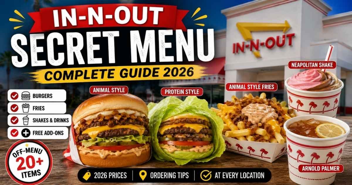 In-N-Out secret menu 2026 featuring Animal Style burger, Protein Style burger, Animal Style fries, shakes, and drinks